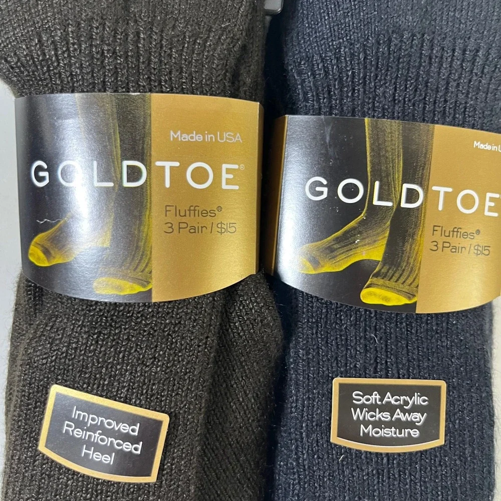 NEW Vtg Gold Toe Fluffies Crew Socks Men 10-13 Navy Brown 6 Pair USA Made Soft